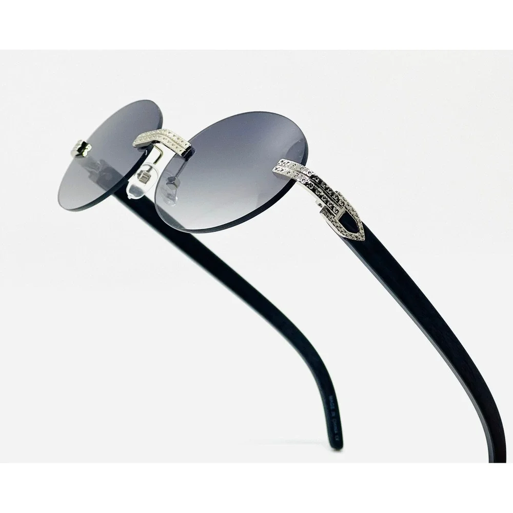Mens Rimless Round Sunglasses Grey Gradient Lens Silver‎ Crystal Bling Black New